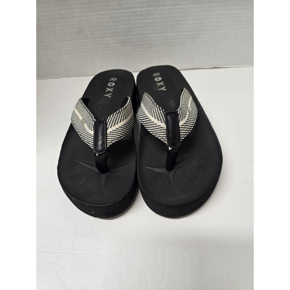 Roxy Womens Black White Woven Strap Platform Wedge Flip Flop Sandals 9